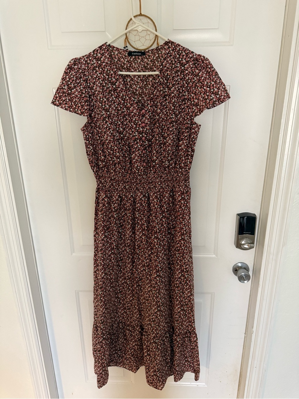 Fashion Burgundy Floral Short-Sleeve Midi Dress